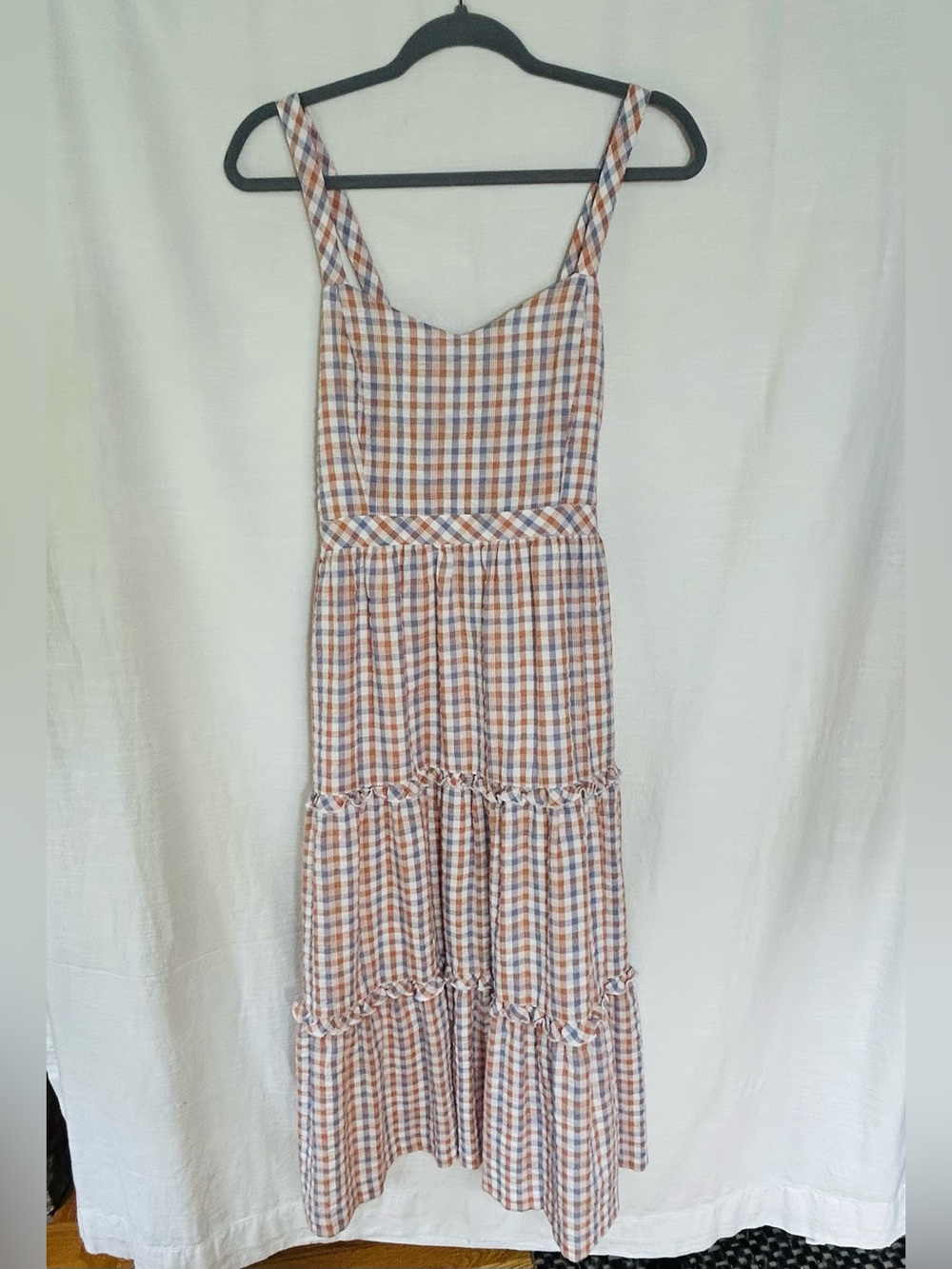 Madewell Sleeveless Checked Tiered Cotton Midi Dress in Blue & Orange